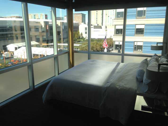 the bed at the boston element hotel in the seaport