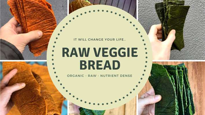a graphic with colorful raw veggie bread in the background and an overlay that says "raw veggie bread"