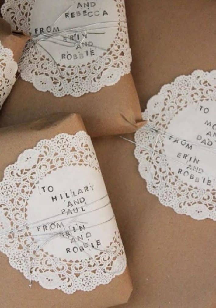 A gift with small doilies as the tags