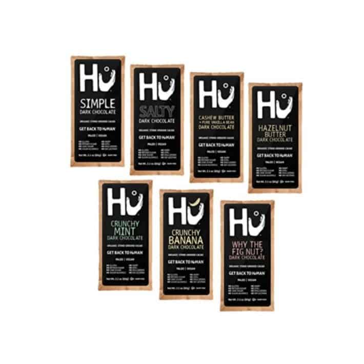 seven HU Kitchen chocolate bars laid out