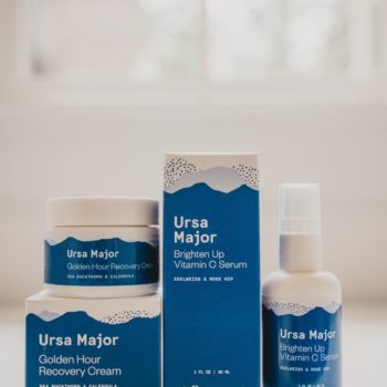Ursa Major skincare products including brightening serum and recovery cream
