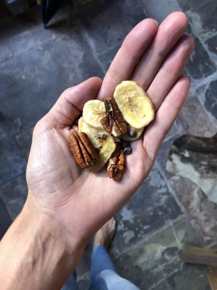 handful of banana chips and nuts in palm of a hand
