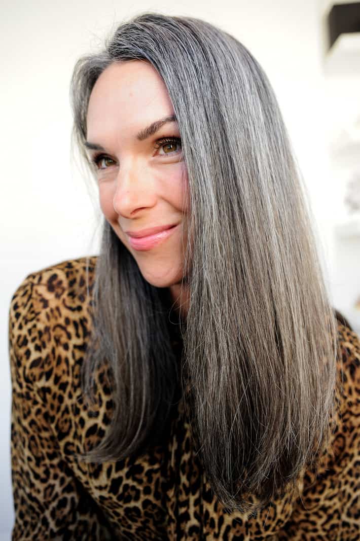Lisa's gray hair, grown out for more than three years and treated with purple shampoo to reduce brassiness.