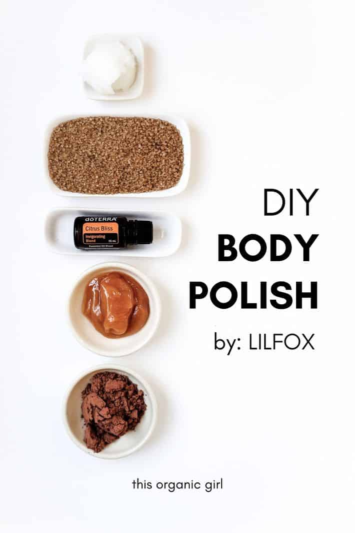 The ingredients for LILFOX's DIY body polish are laying on a white table.