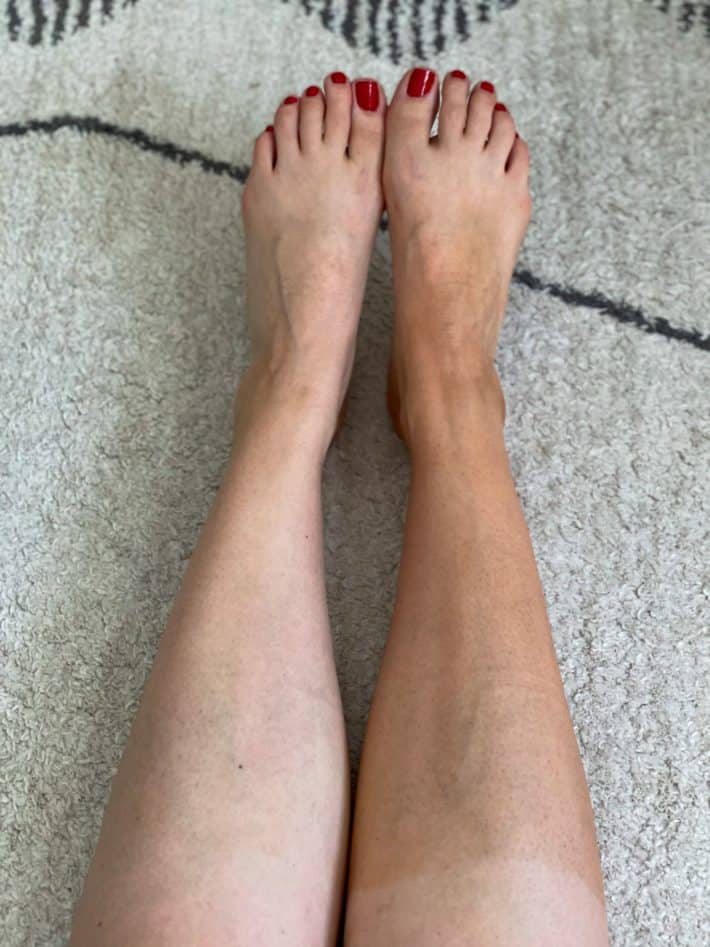 woman using self tanner before and after