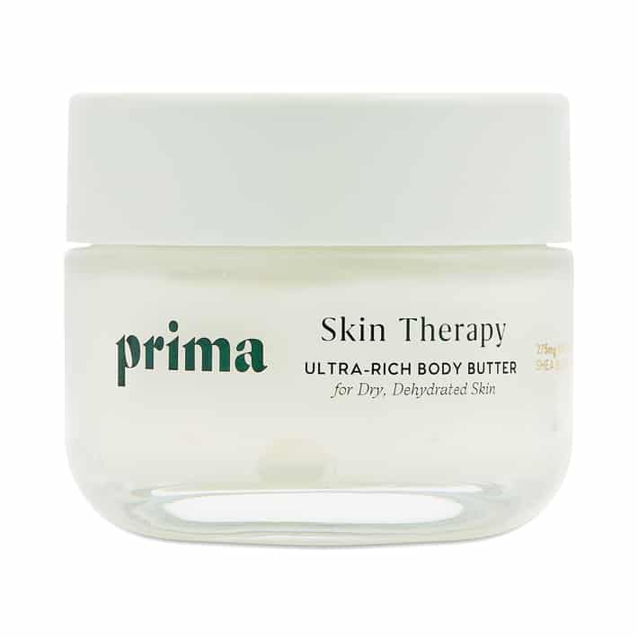glass jar of skin therapy body butter from prima skincare