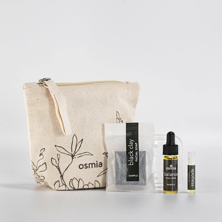 Acne products from Osmia Organics on table in a bag