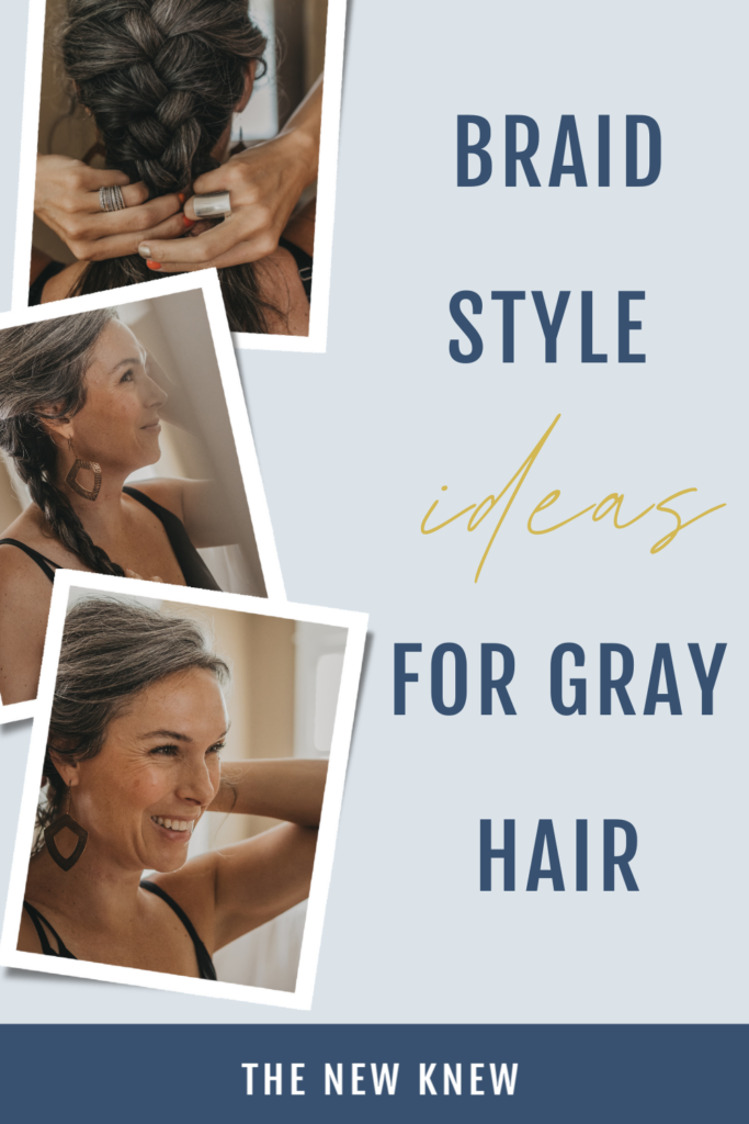 three pics of a woman with gray braided hair.