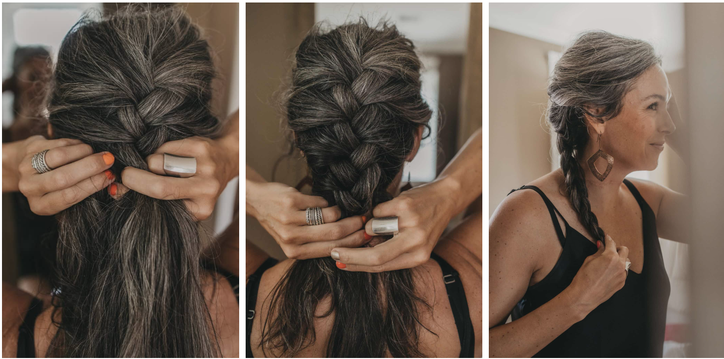 A trio of photos showing Lisa braiding her hair.