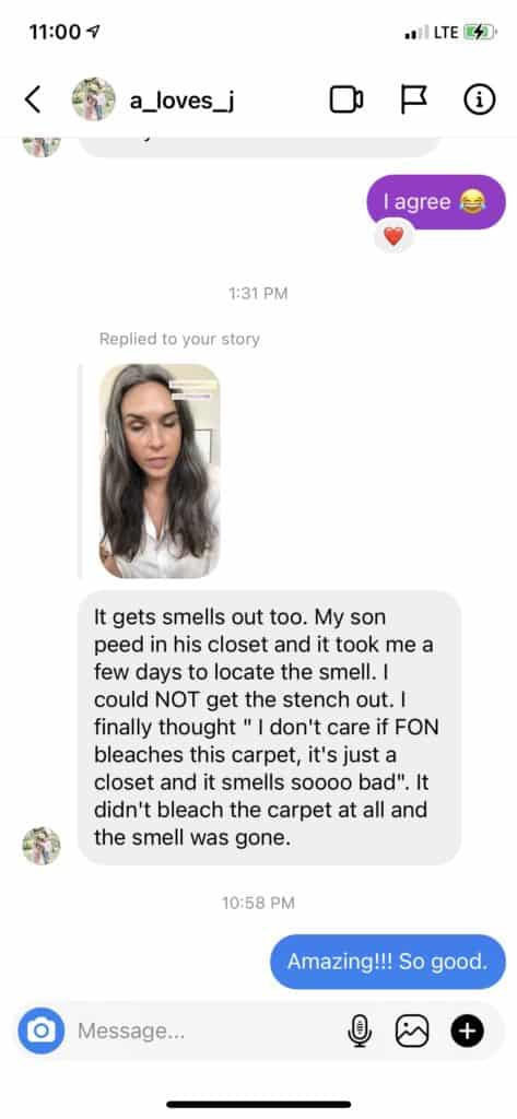 a screenshot of DMs with one reader saying it took the pee smell out of her son's closet without ruining the color of it