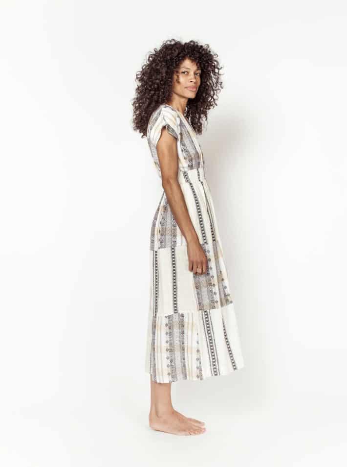 a calf-length patchwork looking dress 