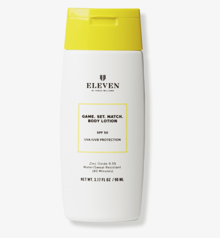 a bottle of EleVen Game.Set.Match Body Lotion with a yellow top