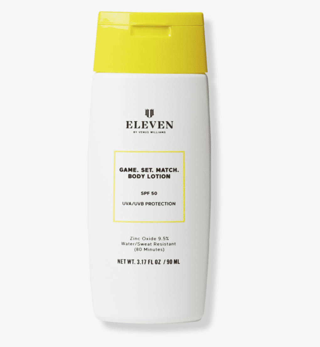 A bottle of Eleven Game.Set.Match Body lotion SPF.