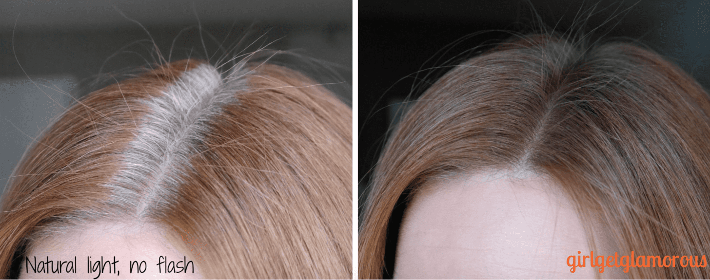 before and after using root spray on red hair