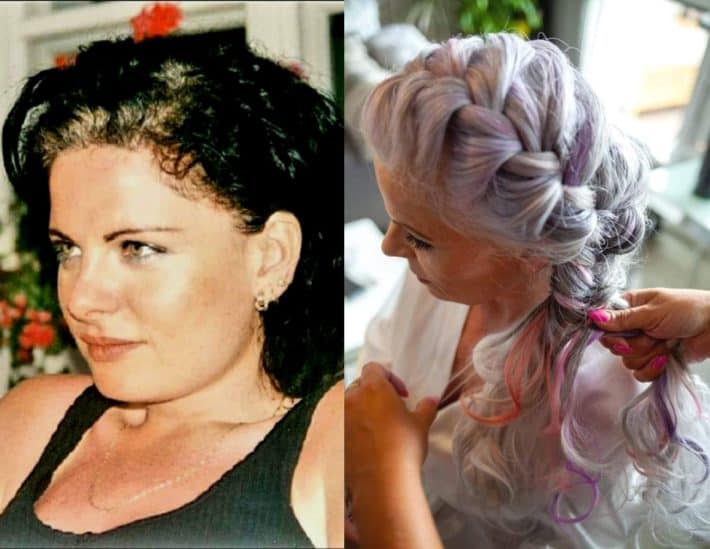 before and after going gray of a woman with long curly hair