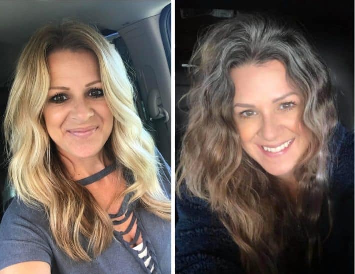 side by side before and after photos of a woman growing out long wavy gray hair