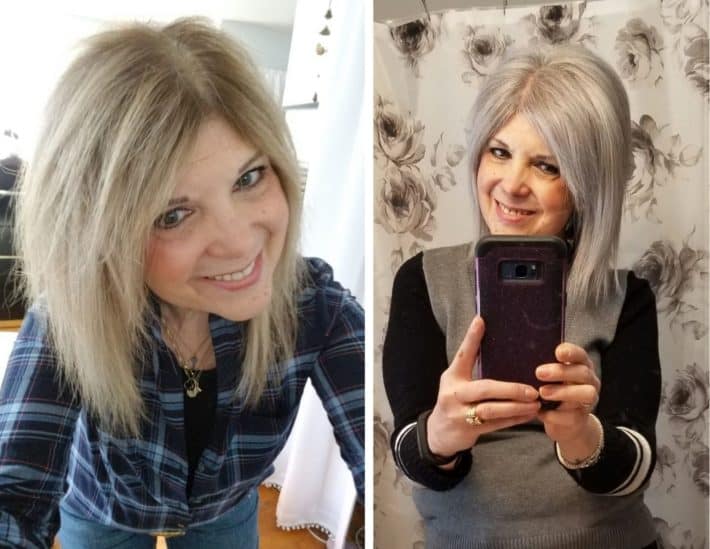 side by side before and after of a woman growing out her blonde to now gray hair