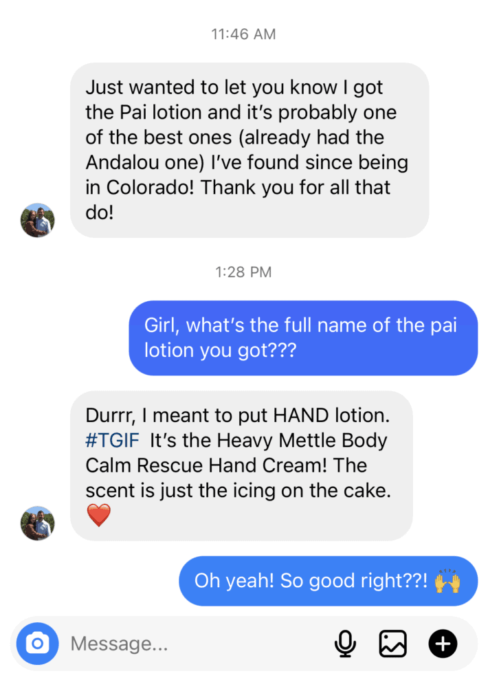 a screenshot of an exchange between Lisa of the new knew and a reader about pai heavy mettle body calm rescue hand cream
