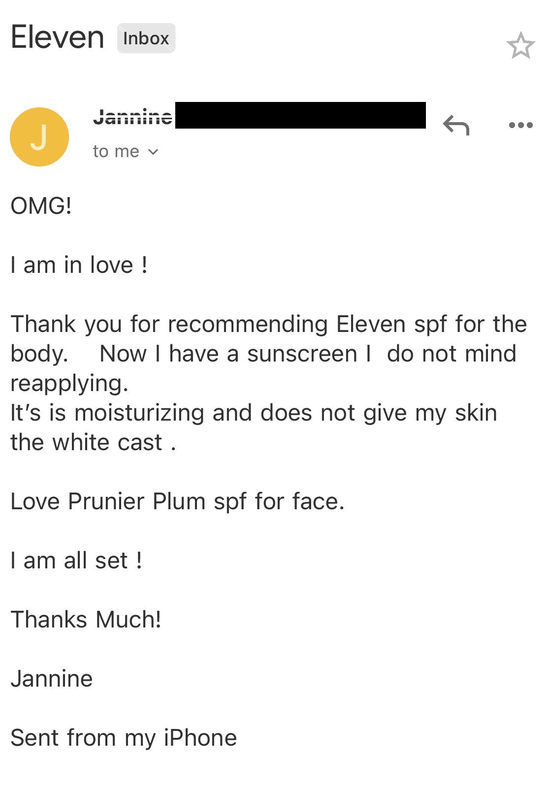 a screenshot of a message from a reader who appreciated the recommendation for the eleven body sunscreen