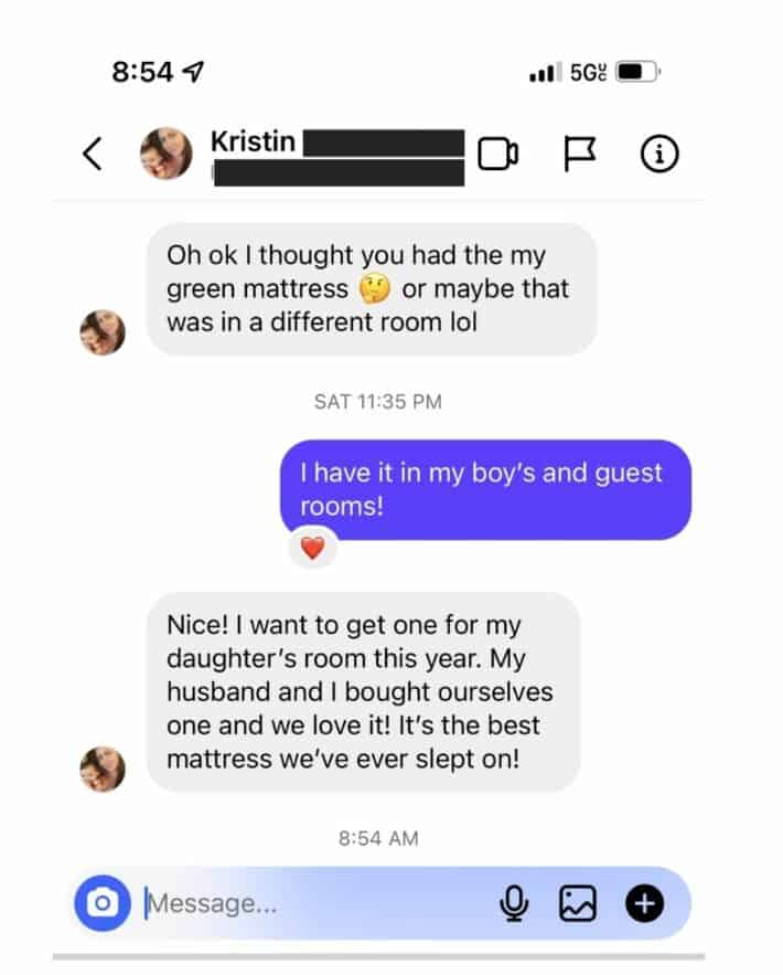 a screenshot of an exchange between Lisa and a reader about My Green mattress