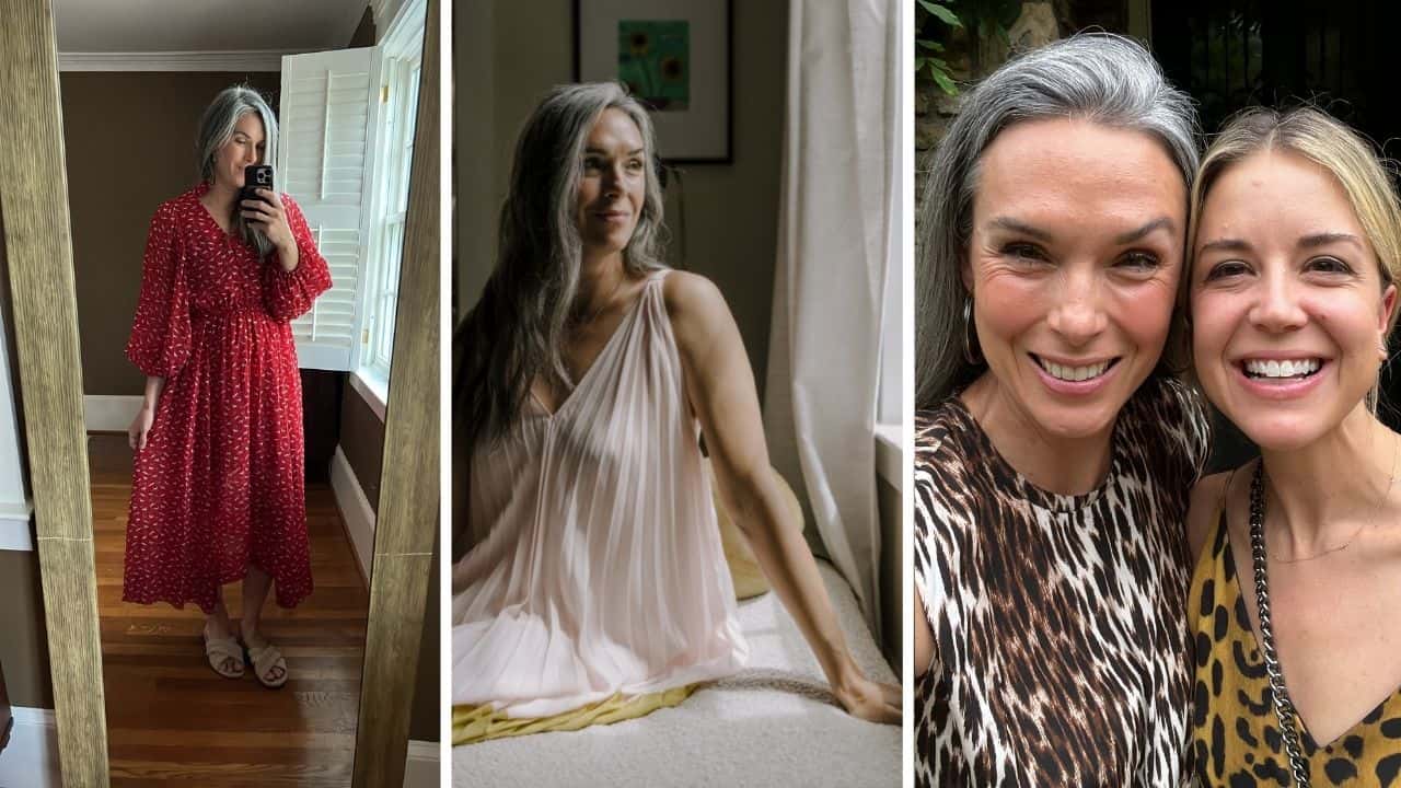 a trio of photos of a woman in various dresses