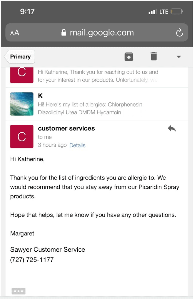 a screenshot of a customer service rep from Sawyer to a TNK staff person saying to stay away from their products after viewing the TNK no thanks list