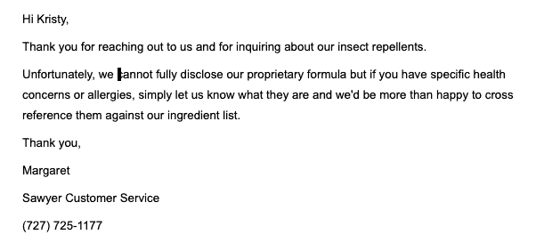 a screenshot of an email from Sawyer customer service to a TNK staff person inquiring about their insect repellent ingredients