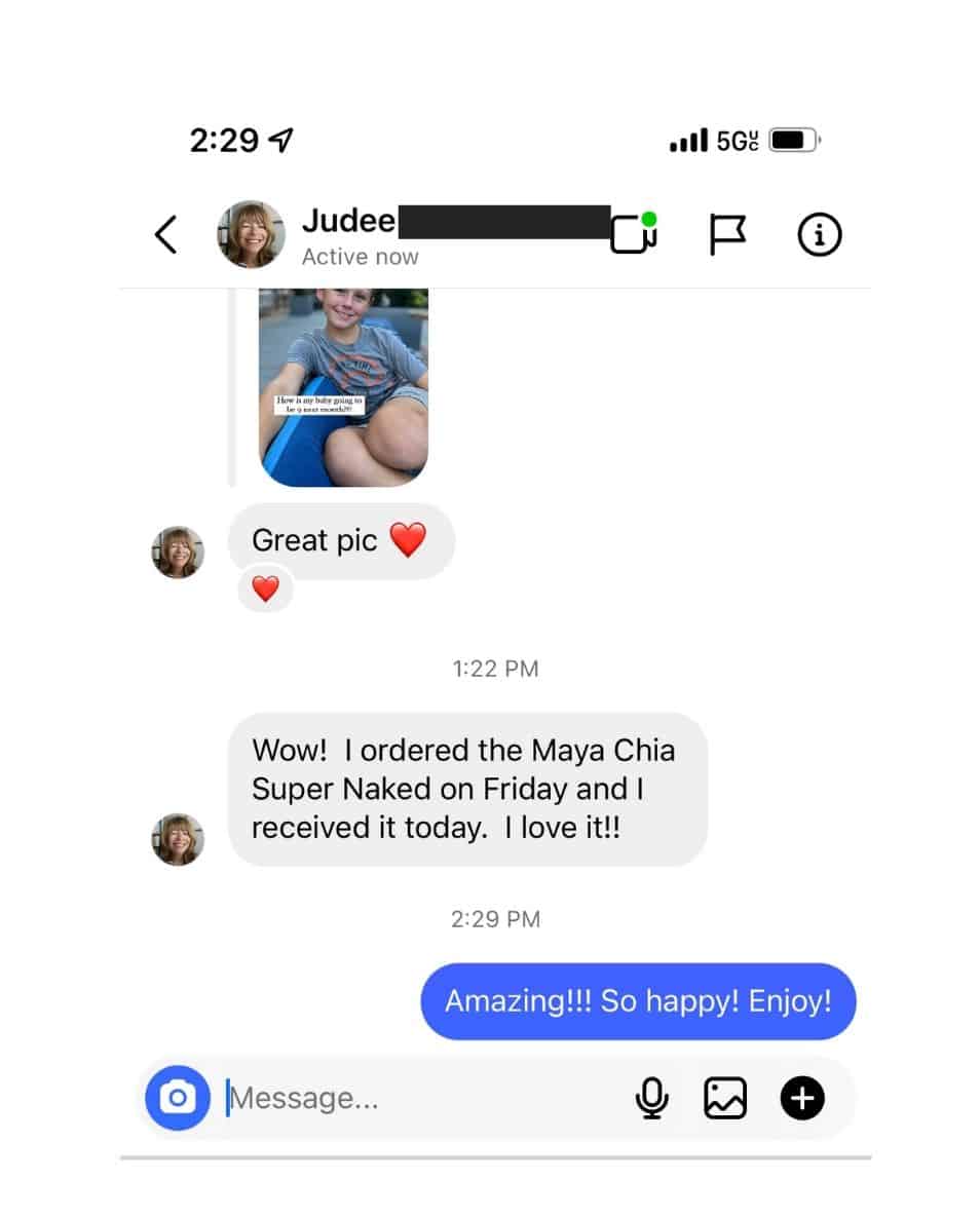 a screenshot of a reader raving about the new maya chia super naked face oil