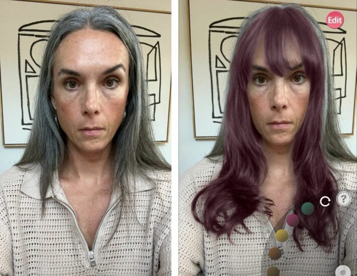 Side by side photos of a woman before and after using ChouChou Virutal Hair Try-On app. 