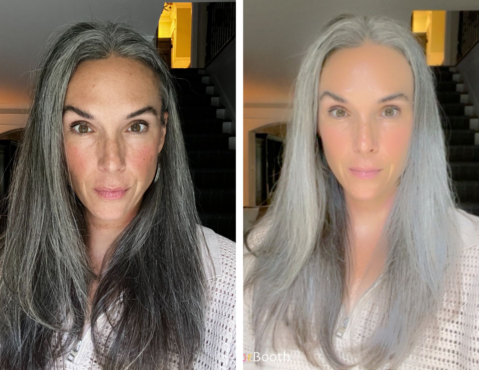 Side by side photos of a woman before and after using Best Hair Color Change app. 