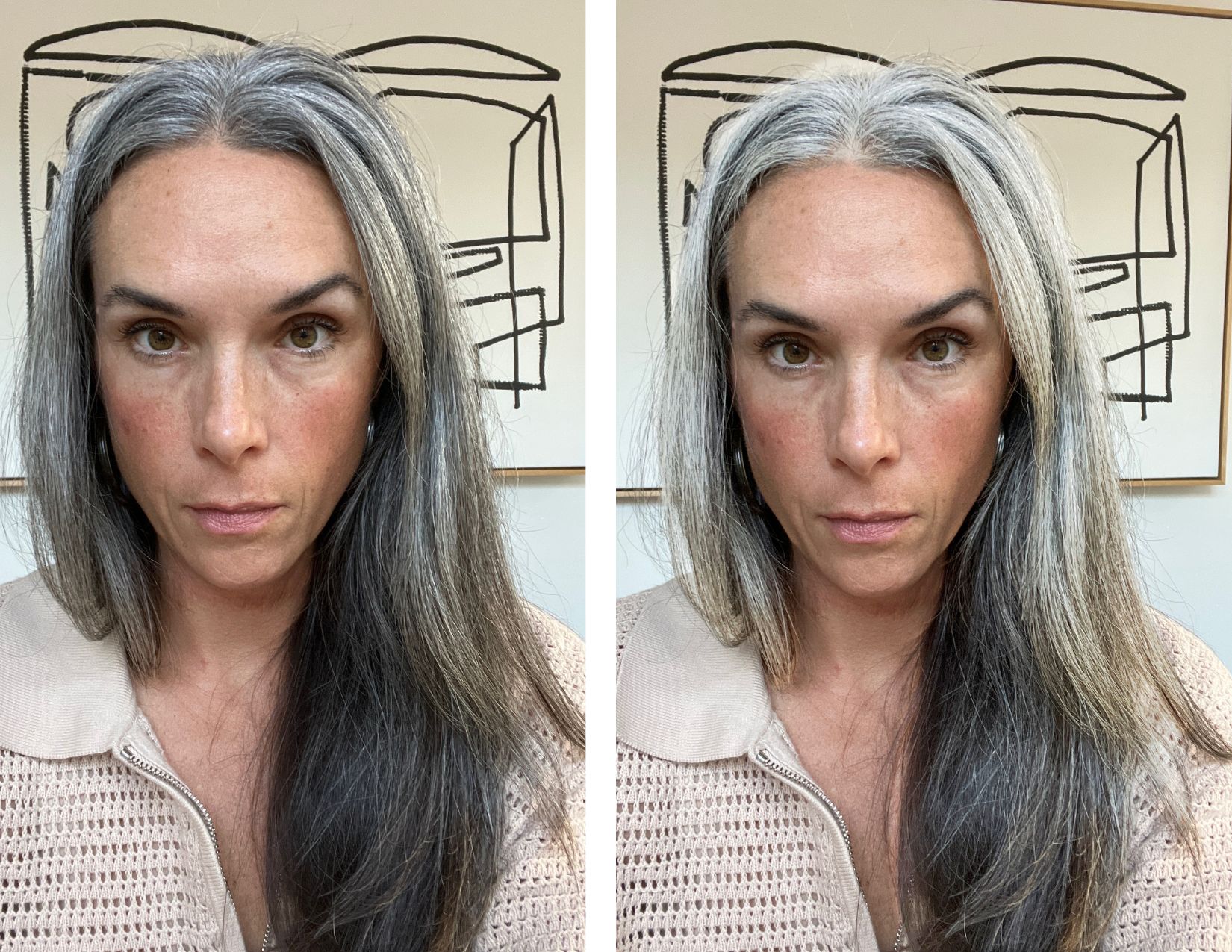 Side by side photos of a woman before and after using Best Hair Color Changer: Dye Style app. 