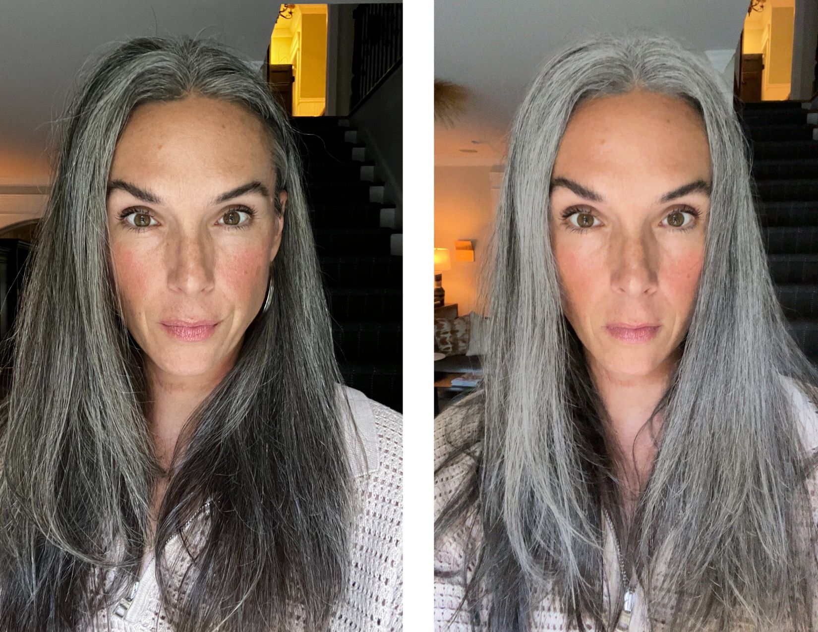 Side by side photos of a woman before and after using Hair Color Changer app. 