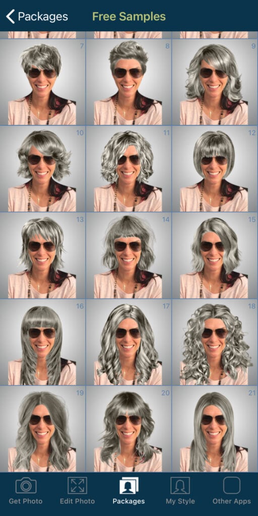 A grid of photos showing various hairstyles using a hair changing app.