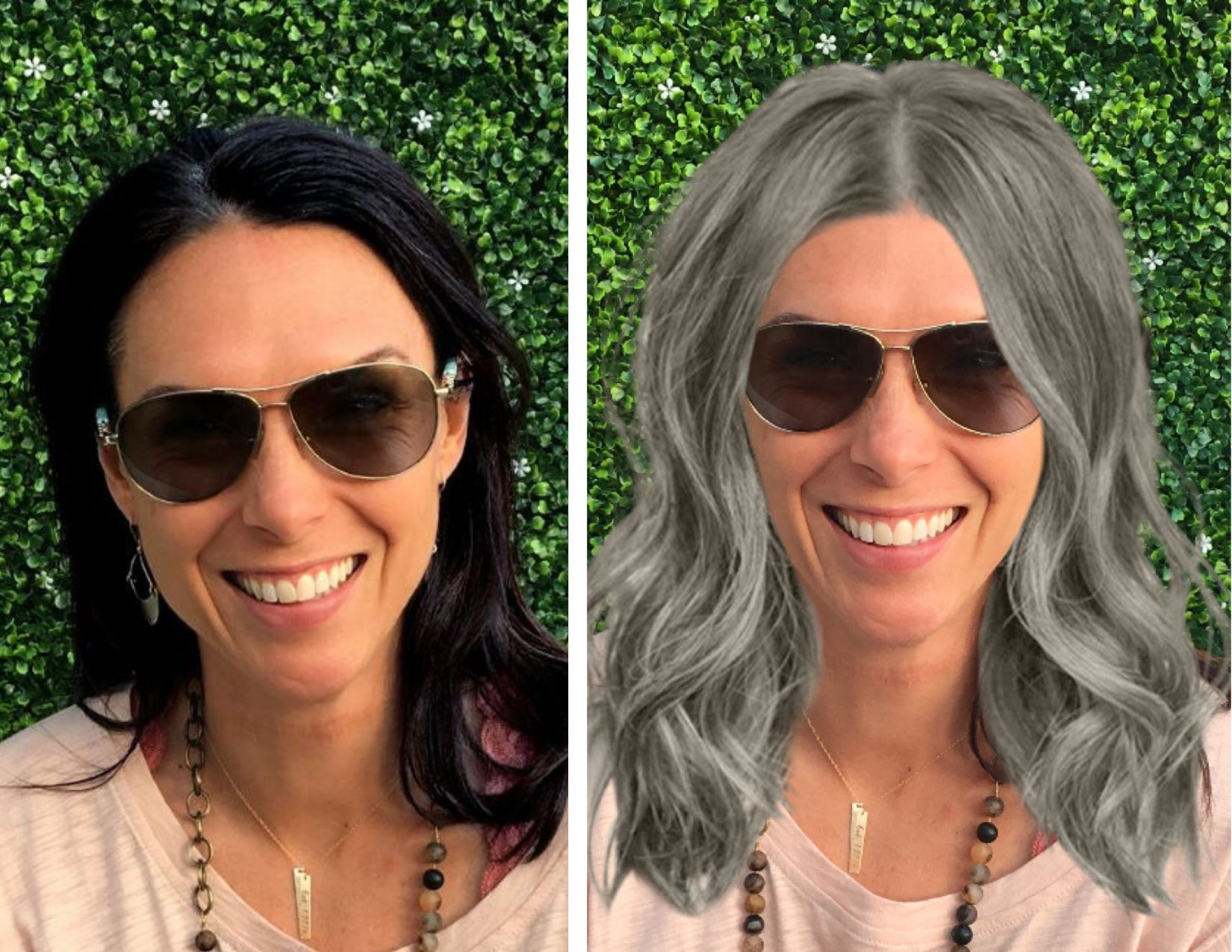 Side by side before and after pics of a woman using HairStyle Try On app.