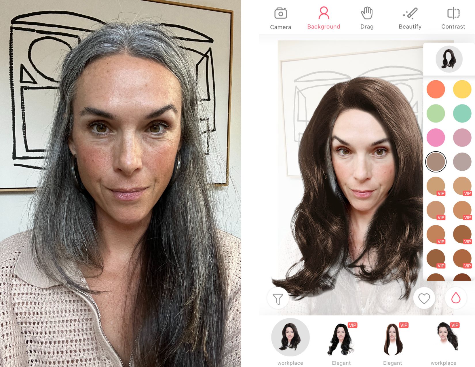 Side by side before and after pics of a woman using I Hairstyle-hair color changer app.