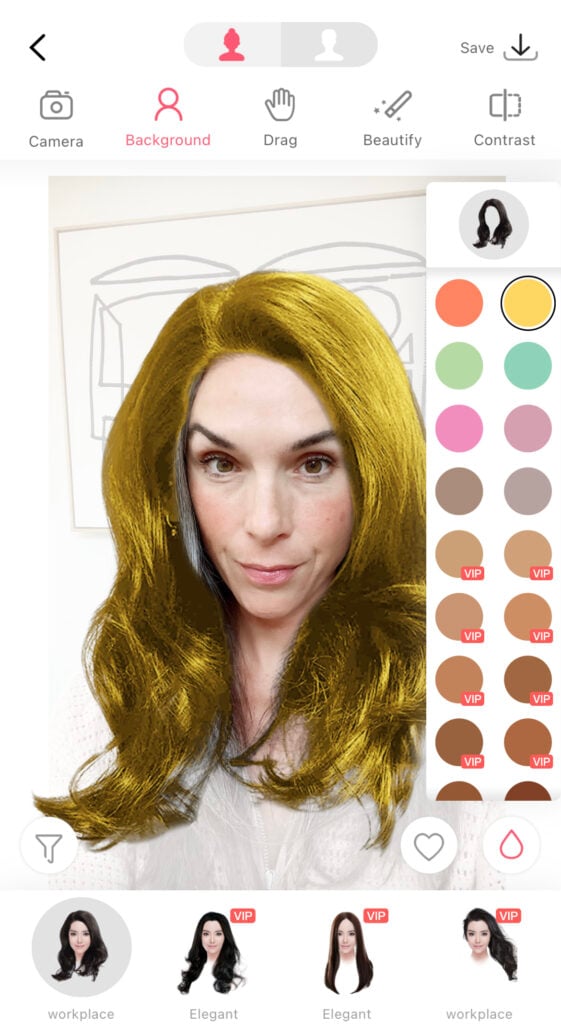 A screenshot from the app I Hairstyle-hair color changer used to change a woman's hair color to blonde.