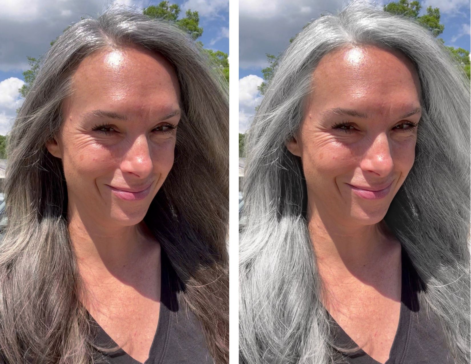 Side by side before and after pics of a woman using YouCam app.