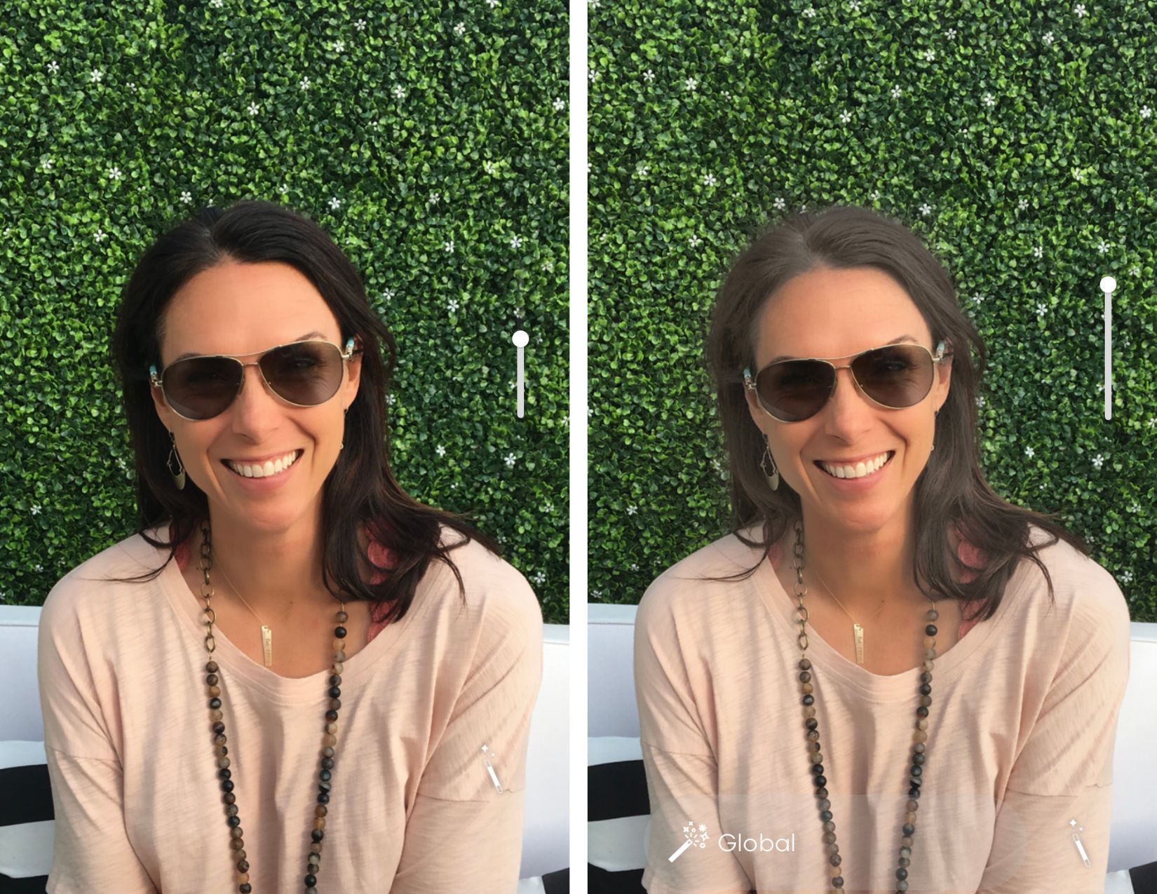 Side by side before and after pics of a woman using Style My Hair app.