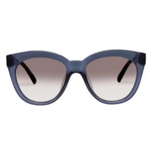 A pair of recycled plastic sunglasses in a dark blue color.