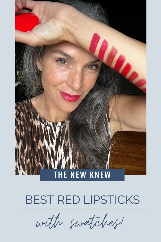 a woman with lipstick swatches on her