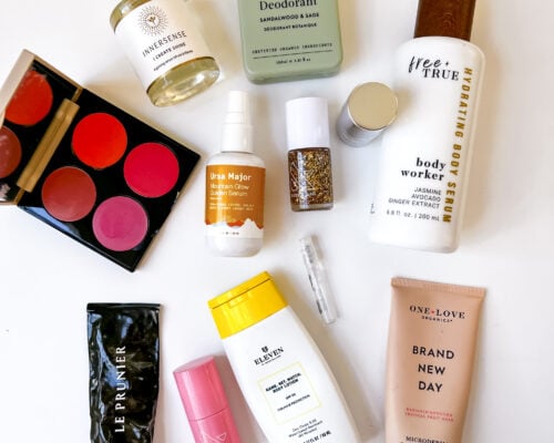 A flat lay of the best of clean beauty products