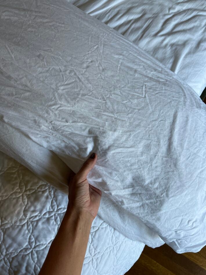 A hand holds up a pillow with a pillowcase from Coyuchi.
