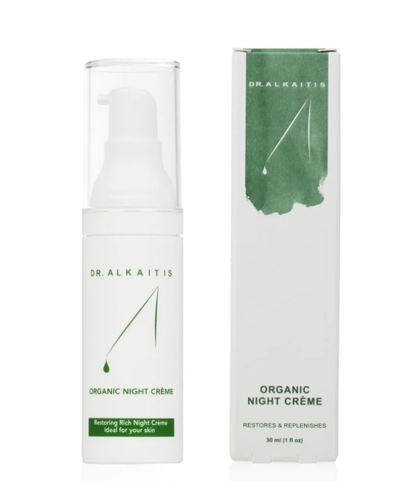 A bottle of Dr Alkaitis Organic Night Creme + it's packaging