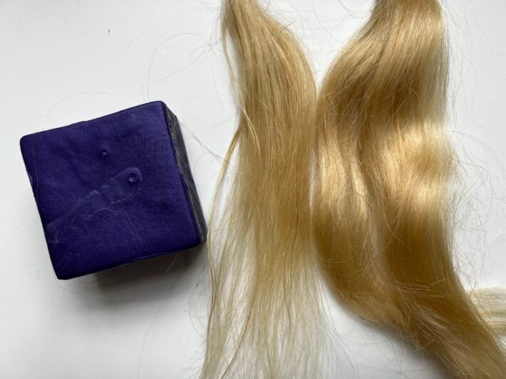 Before (right) and after (lefy) using Ethique Tone It Down Brightening Purple Shampoo Bar.