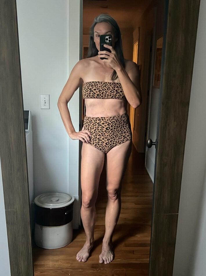 Lisa wearing Mara Hoffman's bikini set in Leopard.
