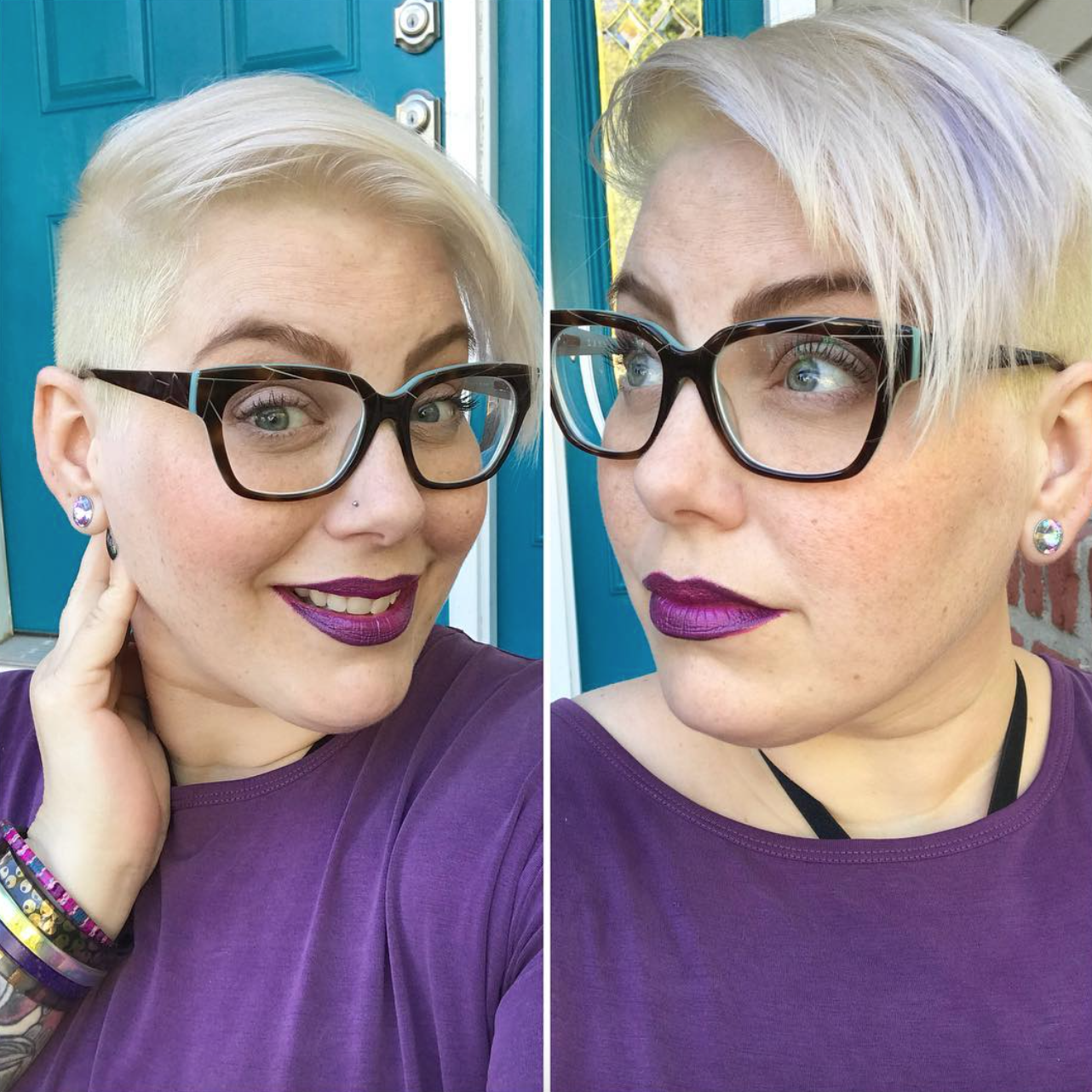 Two photos of a woman with sunglasses and purple in her hair.
