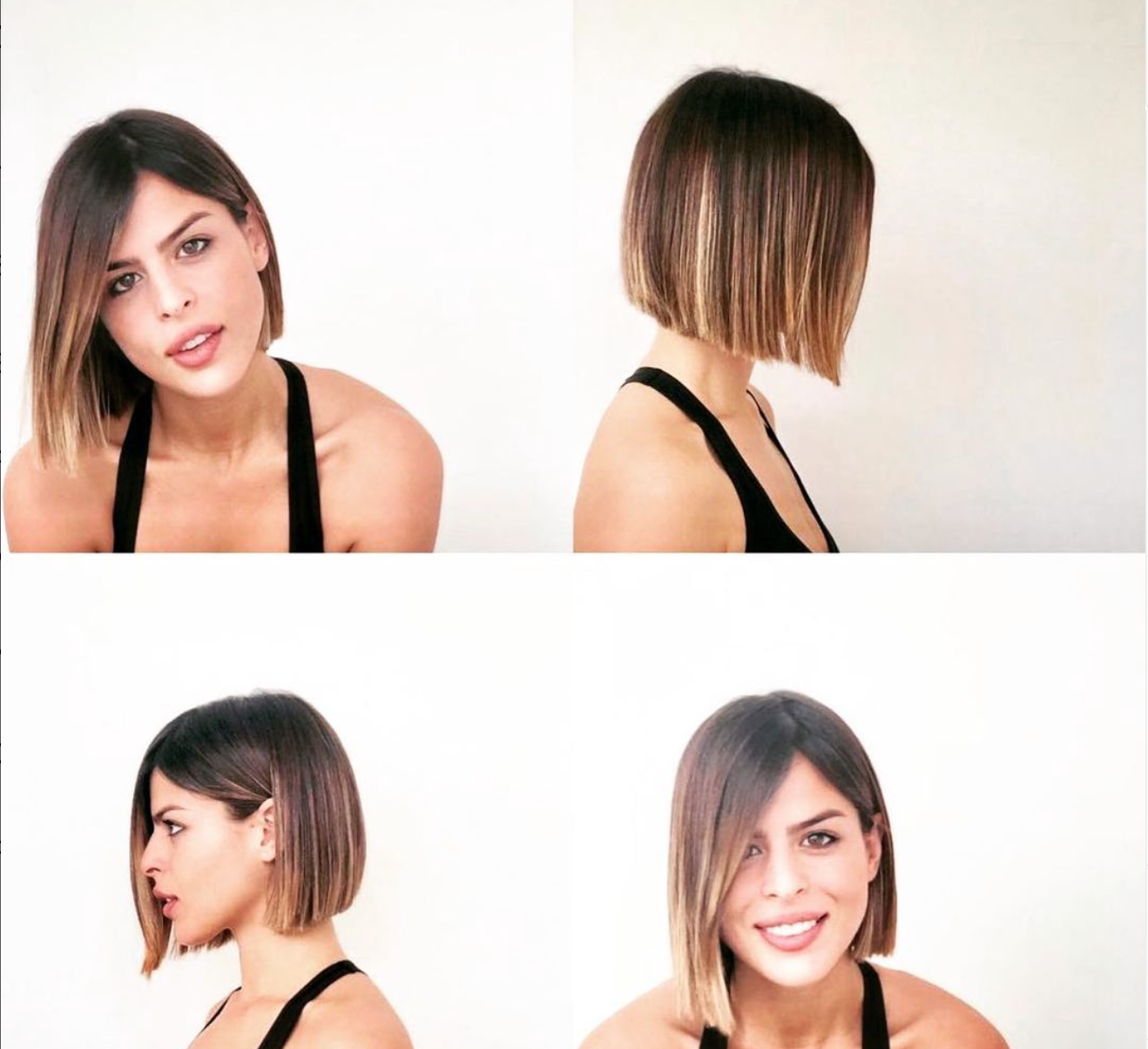 A set of four photos of a woman with a sleek bob haircut.