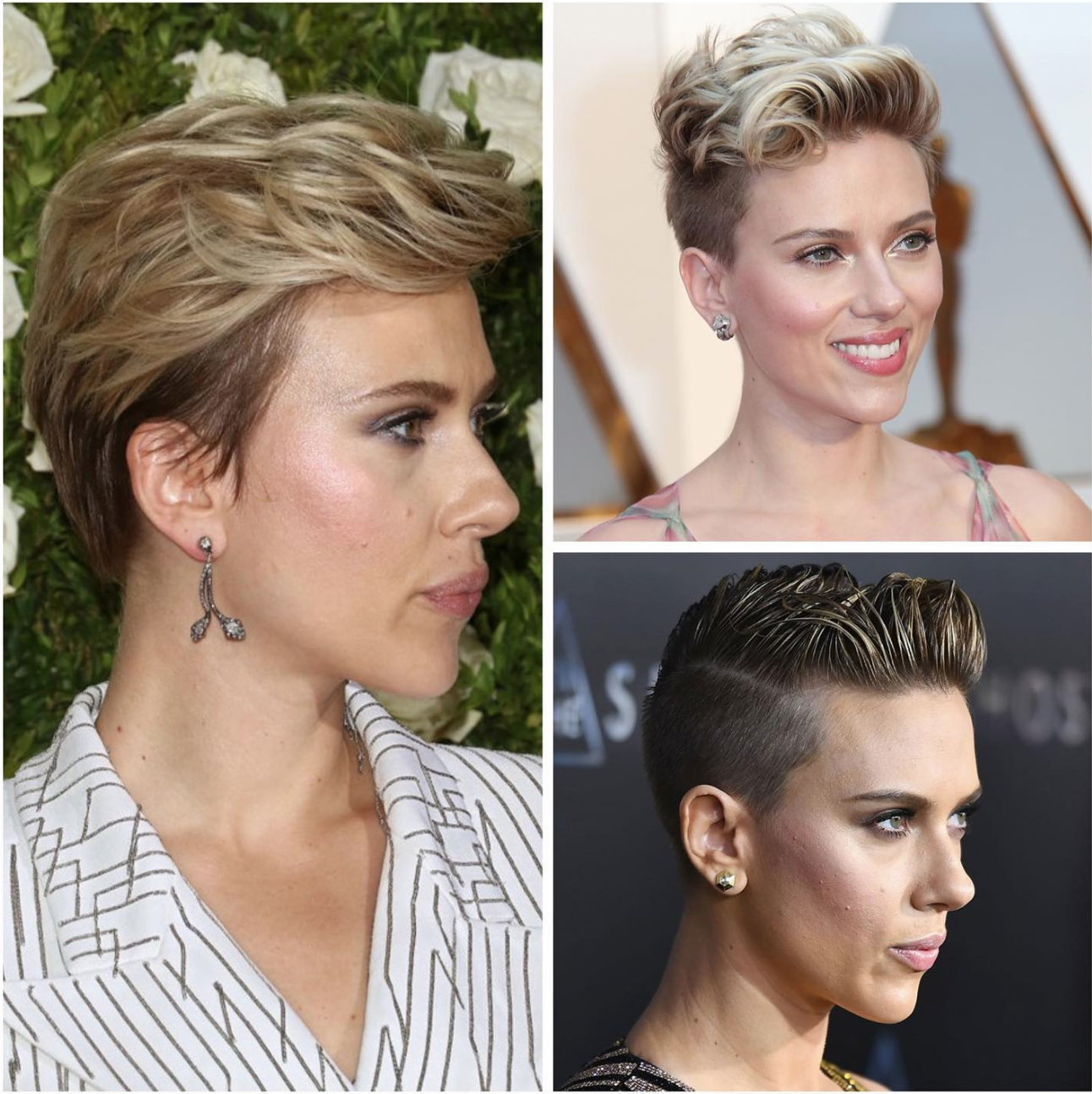 A trio of photos of Scarlett Johanssen with short hair.