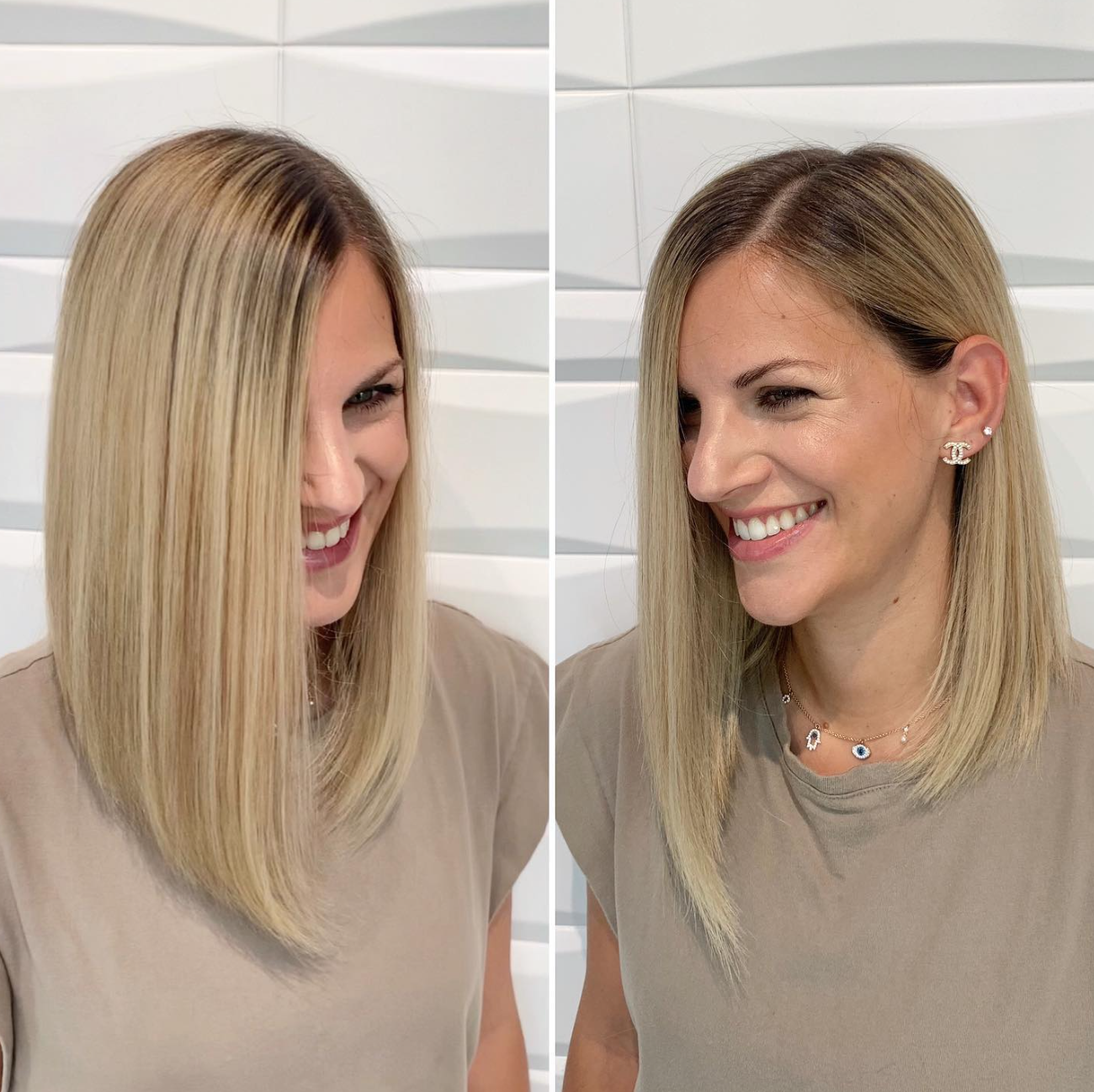 A duo of photos of a smiling blonde haired woman.