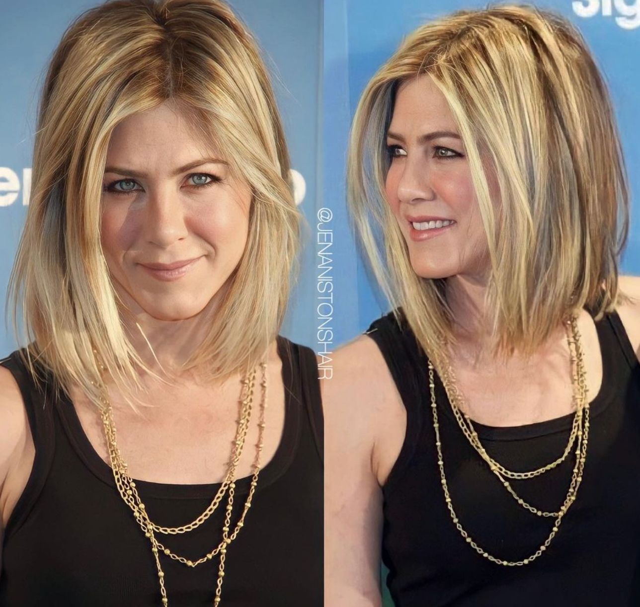 A duo of photos of a smiling Jennifer Aniston with a shoulder length haircut.